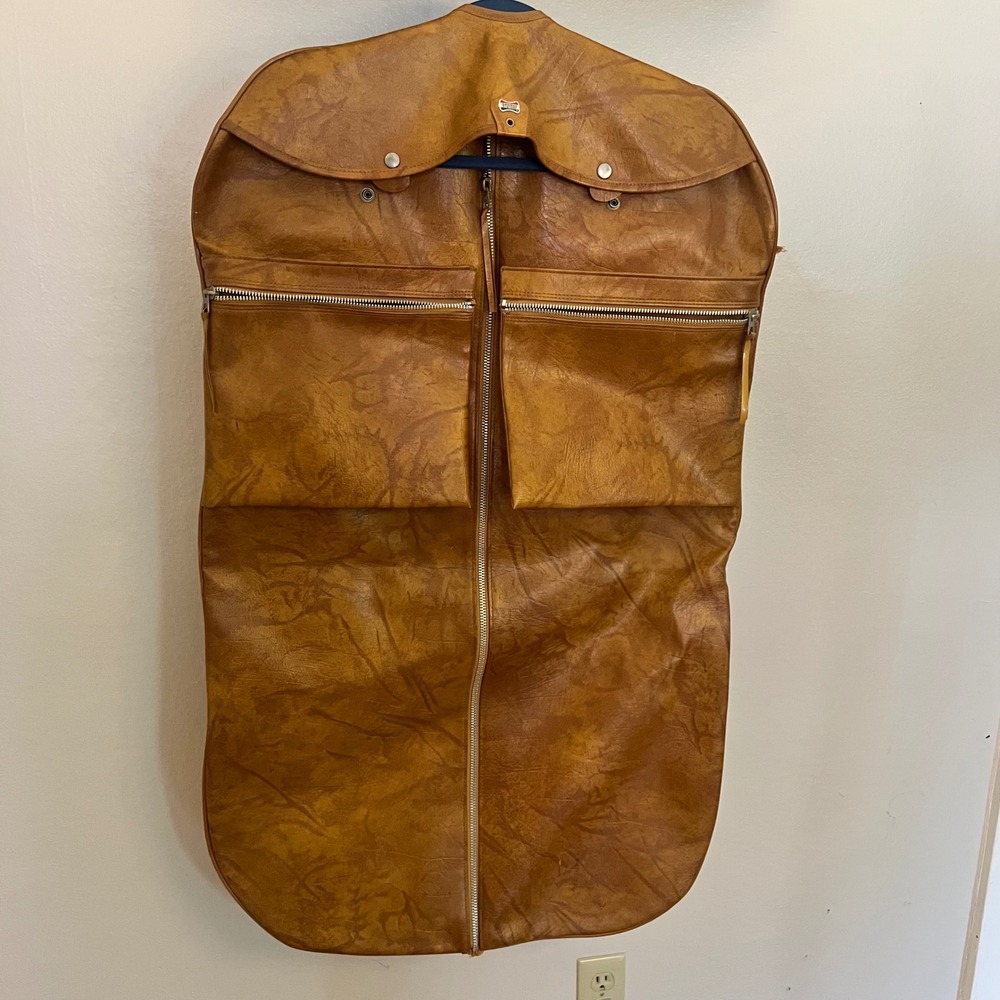 VTG Hanging American Tourister Garment Bag Tan Faux Leather Folding Travel